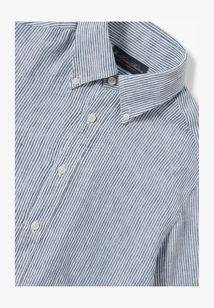 Gestreiftes Hemd in Blau und Weiß. Verfügt über einen Kentkragen, perlmuttartige Knöpfe und einen strukturierten Baumwollstoff.