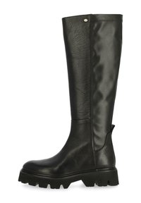 Bottes noires en cuir montantes avec une semelle en caoutchouc épaisse, texture lisse et une petite boucle au talon pour faciliter l'enfilage.