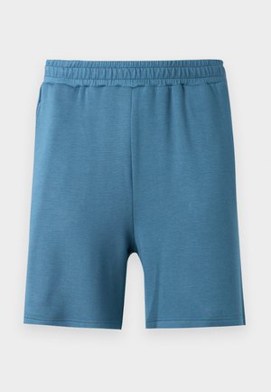 Blue knee-length shorts with elastic waistband, made from soft textured fabric, shown against a plain light gray background.