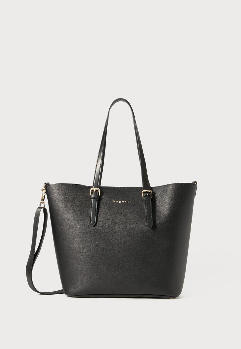 Borsa tote nera realizzata in materiale sintetico testurizzato, con due manici e una tracolla removibile, dotata di hardware color oro e logo impresso.