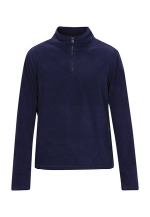 Tummansininen fleece-pusero, jossa on puolipitkä vetoketju kauluksessa ja pitkät hihat. Sujuva rakenne ja minimalistinen muotoilu. Ihanteellinen kerrospukeutumiseen.