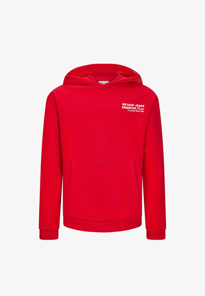 Felpa rossa in cotone con tasca frontale, polsini e orlo a coste, e testo bianco che recita "RETROU JEANS ESSENTIAL Pieces IT STARTS WITH YOU."