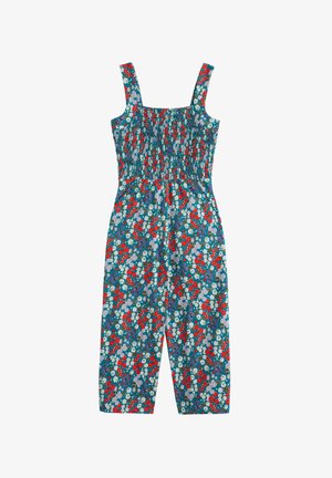Jumpsuit floreale con sfondo verde acqua, caratterizzato da fiori rossi, blu e bianchi, corpino smockato e gamba larga. Spalline regolabili.