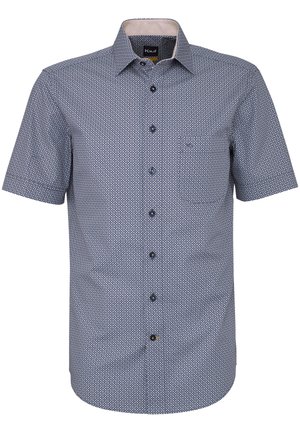 Camicia a maniche corte con bottoni, con un piccolo motivo geometrico blu navy e bianco e colletto appuntito.