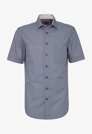 Kurzärmeliges Hemd mit Knopfleiste, kleinem geometrischem Muster in Marineblau und Weiß sowie spitzem Kragen.