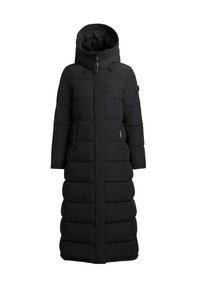 Caban puf negru, cu glugă, lung, cu un design matlasat, două buzunare laterale și închidere cu fermoar în față. Textură netedă.