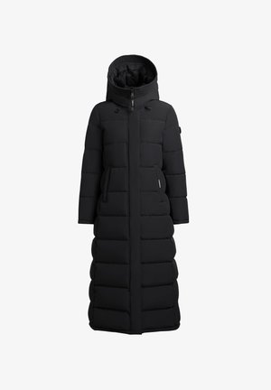 Schwarze Daunenjacke mit Kapuze, langer Schnitt, gestepptem Design, zwei seitlichen Taschen und einem Reißverschluss vorne. Glatte Textur.