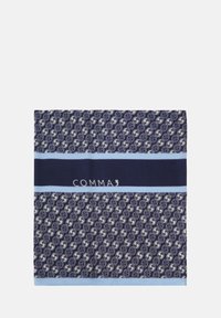 Navy blue silk scarf featuring a circular pattern with light cream accents. Center band displays the brand name "COMMA" in white against dark blue.
