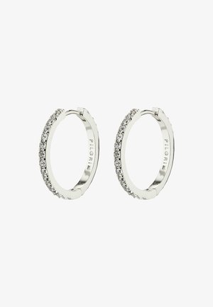 Srebrne kolczyki na kółkach z rzędem błyszczących przezroczystych kryształków wzdłuż frontowej krawędzi. Gładkie, metaliczne wykończenie, z zawiasem do zamykania.