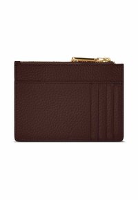 Portefeuille en cuir marron avec une finition texturée, quatre fentes pour cartes et une fermeture éclair dorée. Design compact et rectangulaire.