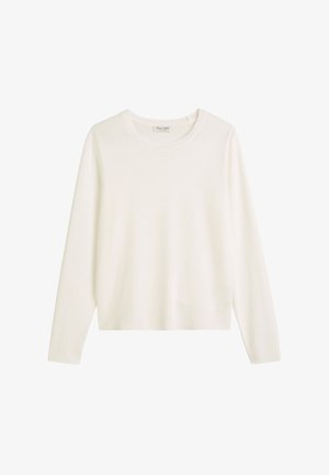 Hvid langærmet top lavet af blødt stof, med en rund halsudskæring og ribbede manchetter. Enkel, ren design uden synlige mønstre.