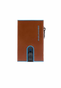 Brown leather wallet with blue accents, featuring a sleek design, embossed logo, and a secure closure mechanism. Textured surface.