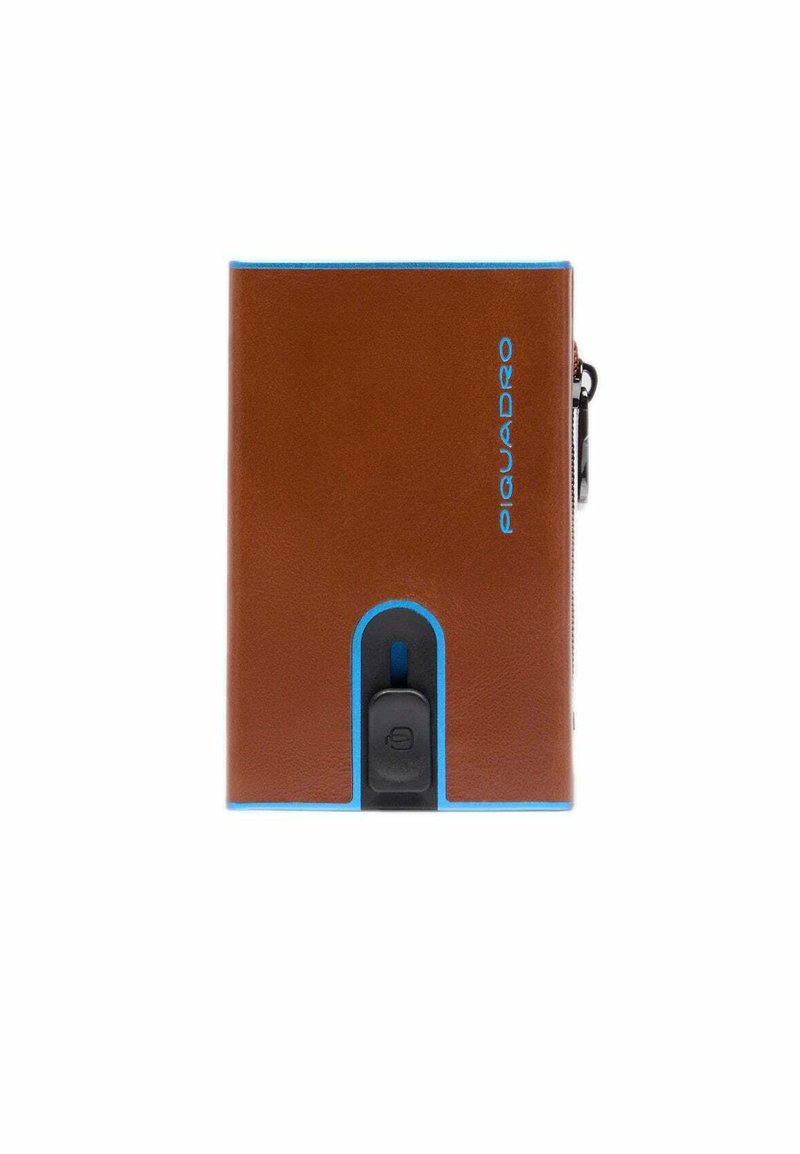 Brown leather wallet with blue accents, featuring a sleek design, embossed logo, and a secure closure mechanism. Textured surface.