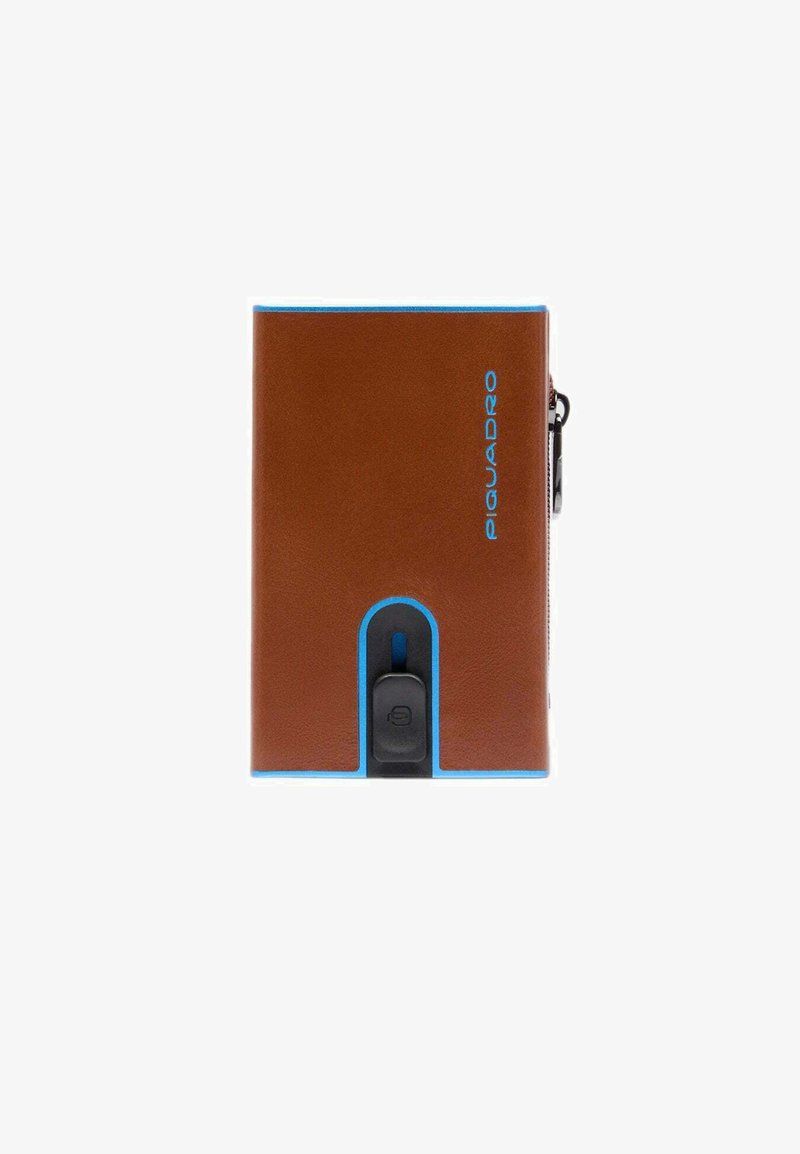 Brown leather wallet with blue accents, featuring a sleek design, embossed logo, and a secure closure mechanism. Textured surface.