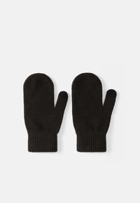 Luva de malha preta com punho canelado. Textura suave, pontas arredondadas e um design clássico adequado para o tempo frio.