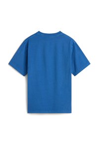 Camiseta de algodón azul de manga corta con cuello redondo, de color sólido y un diseño sencillo, con un dobladillo recto y sin adornos.