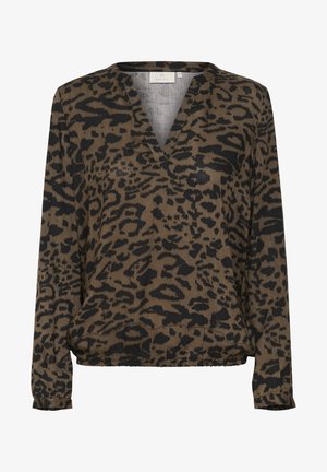 Blusa de manga larga con estampado de leopardo marrón y negro, con escote en V y dobladillo fruncido. Fabricada en una tela suave y ligera.
