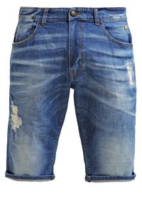 Džíny šortky ve střední modré barvě se světlejšími místy a opotřebovanými detaily. Mají poutka na opasek, knoflíkové zapínání a ohrnutý lem.