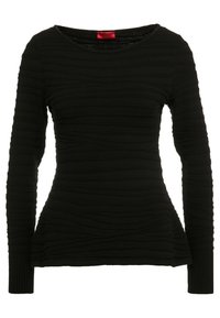 Schwarz langärmliges Oberteil mit einem strukturierten, wellenförmigen Design. Verfügt über einen runden Halsausschnitt und gerippte Manschetten. Hergestellt aus dehnbarem Stoff.