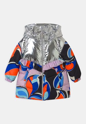 Veste à capuche pour enfants avec haut en argent métallisé, motif abstrait multicolore, fermeture éclair frontale et poignets élastiques.
