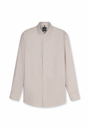 Camicia da uomo beige chiaro a maniche lunghe con piccolo motivo a quadretti e colletto classico, mostrata distesa su sfondo bianco.