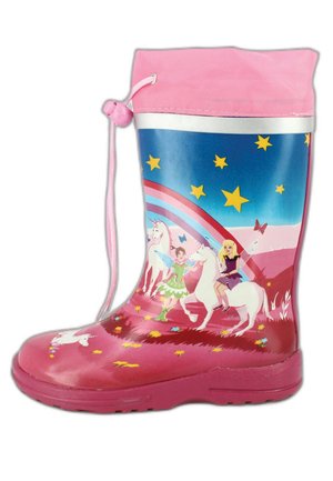 Bottes de pluie en caoutchouc roses avec un cordon de serrage. Présente un design bleu et arc-en-ciel avec des licornes, des étoiles et des fées imprimées sur les côtés.