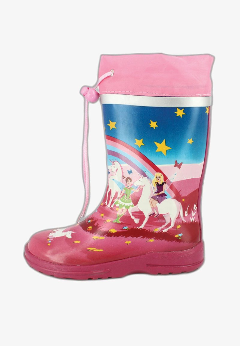 Roze rubberen regenlaars met een trekkoord. Kenmerkt zich door een blauw en regenboogontwerp met eenhoorns, sterren en feeën die op de zijkanten zijn gedrukt.