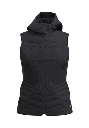 Chaleco de plumas negro con cuello alto, paneles horizontales y diagonales, cierre frontal con cremallera y bolsillos laterales. Presenta un pequeño logotipo de acento.