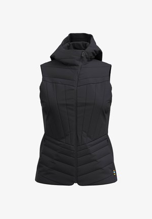 Chaleco de plumas negro con cuello alto, paneles horizontales y diagonales, cierre frontal con cremallera y bolsillos laterales. Presenta un pequeño logotipo de acento.