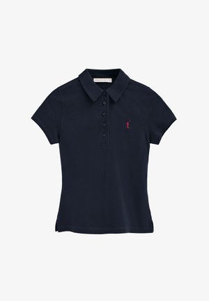 Marineblaue, kurzärmelige Poloshirt mit Kragen, fünf Knöpfen und kleinem, roten, gesticktem Golfer-Logo auf der linken Brust.