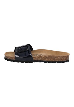 Black glossy slide sandal with a wide strap and a large square buckle. Cork footbed and textured black rubber sole. Ergonomic design for comfort.