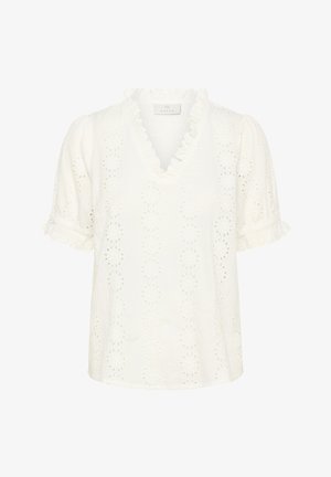 Valge pluus, millel on V-kaelus, lühikesed paugukujulised varrukad, rüüsidega ääred ja keerukad lillemustrilised silmusmustritest detailid kogu kangas.