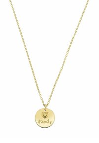 Collana in tonalità oro con pendente circolare raffigurante la parola "Famiglia" e un piccolo cuore inciso, il tutto su una delicata catena.
