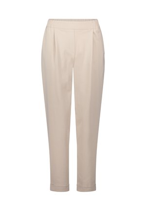 Pantalon beige avec une taille élastique, coupe droite, revers pliés et poches latérales. Fabriqué en tissu léger et lisse.