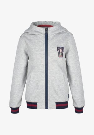 Gray cotton hoodie with red and navy accents, paired with gray sweatpants featuring a navy print. Red t-shirt with white graphic text. Navy sneakers.