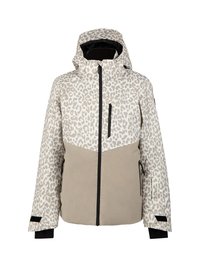 Dámska béžová a biela leopardia potlač zimná bunda s kapucňou, čierny zips, vrecká na hrudi a po stranách, a nastaviteľné manžety.