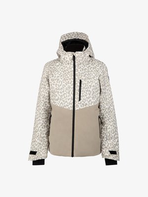 Kvinno vinterjacka i beige och vit leopardmönster med huva, svart dragkedja, bröst- och sidofickor samt justerbara ärmslut.