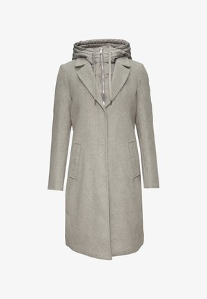 Hellgrauer Wollmantel mit abnehmbarer, gesteppten Kapuze, langen Ärmeln, zwei seitlichen Taschen und einer taillierten Silhouette mit Reverskragen.