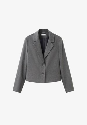 Sivi skraćeni sako s reverima, dva prednja dugmeta i glatkom teksturom; ima tamnu podstavu i duge rukave.