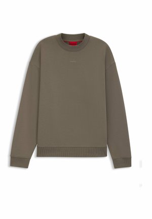 Olive green sweatshirt made from cotton blend material, featuring a crew neck, long sleeves, ribbed cuffs, and subtle "HUGO" branding on the chest.