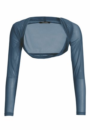 Blusa larga de mangas largas en azul transparente con cuello redondeado y espalda descubierta. Fabricada con material ligero, presenta una textura suave y un diseño ajustado.
