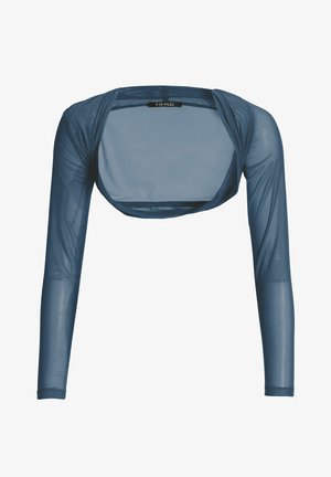 Durchsichtige blaue Langarmbluse mit rundem Ausschnitt und offenem Rücken. Hergestellt aus leichtem Material, mit glatter Textur und figurbetontem Design.
