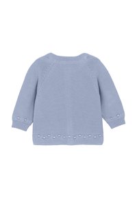 Ljust blått stickat tröja med en texturerad kropp, raglanärmar och dekorativa boble-accenter vid fåll och ärmslut.