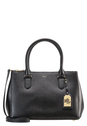 Borsa a mano in pelle nera con doppi manici, tracolla removibile, rifiniture in metallo color oro e targhetta appesa con il marchio "RLL".