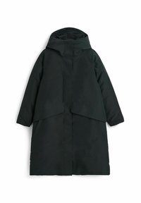 Svart, huvad vinterjacka med lös passform, med en framfick, två sidofickor och en slät, matt tygtextur.