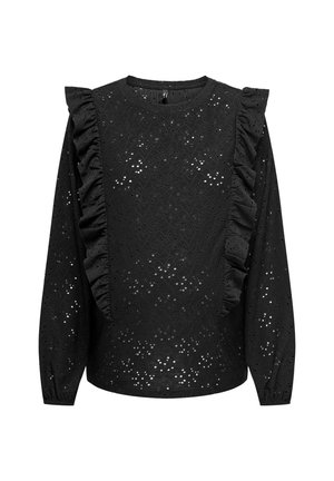 Zwarte blouse met lange mouwen van oogjeskantstof, met geplooide ruches aan de voorkant langs de zijkanten, elastische manchetten en een ronde halslijn.