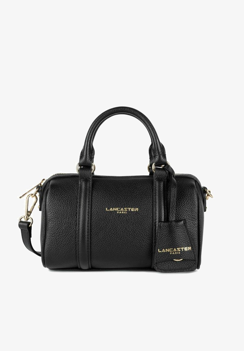 Sac à main en cuir noir au fini texturé, avec quincaillerie dorée, doubles poignées supérieures, une bandoulière amovible et un détail de logo à l'avant.