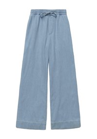 Hellblaue weite Jeanshose aus weichem Denim-Stoff, mit elastischem Bund und Kordelzug sowie genähten Saumdetails.