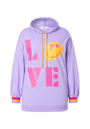 Paarse hoodie met grote roze "LOVE" tekst en een gele glimlachende emoji. Inclusief gele koorden en gestreepte accenten op de manchetten. Zacht materiaal.