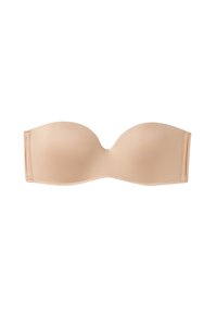 Nude strapless beha met voorgevormde cups, naadloos ontwerp, gladde textuur en elastische band voor ondersteuning. Past zich aan voor comfort en fit.